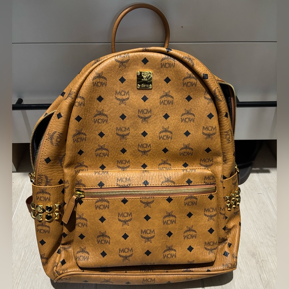 MCM Brown and Blue Logo Backpack